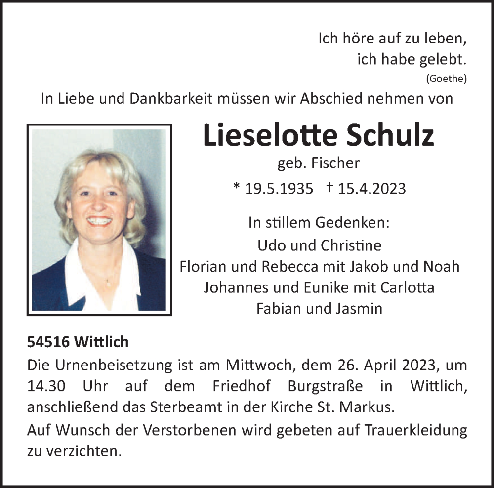  Traueranzeige für Lieselotte Schulz vom 22.04.2023 aus trierischer_volksfreund