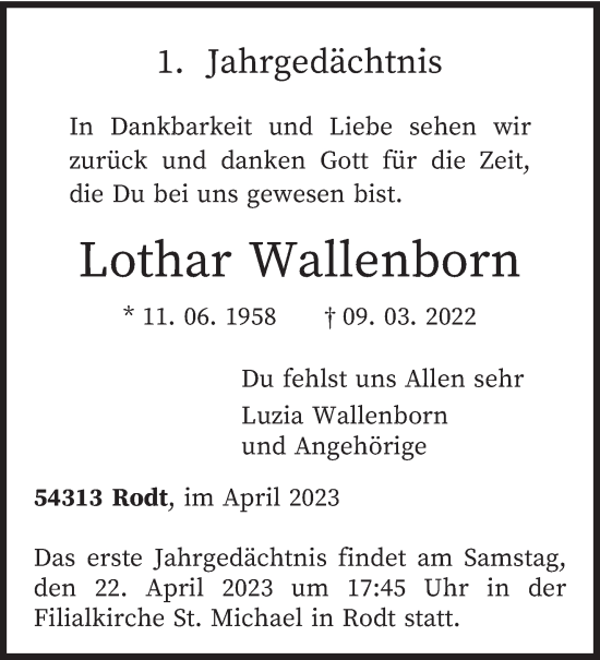Traueranzeige von Lothar Wallenborn von trierischer_volksfreund