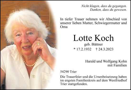 Traueranzeige von Lotte Koch von trierischer_volksfreund