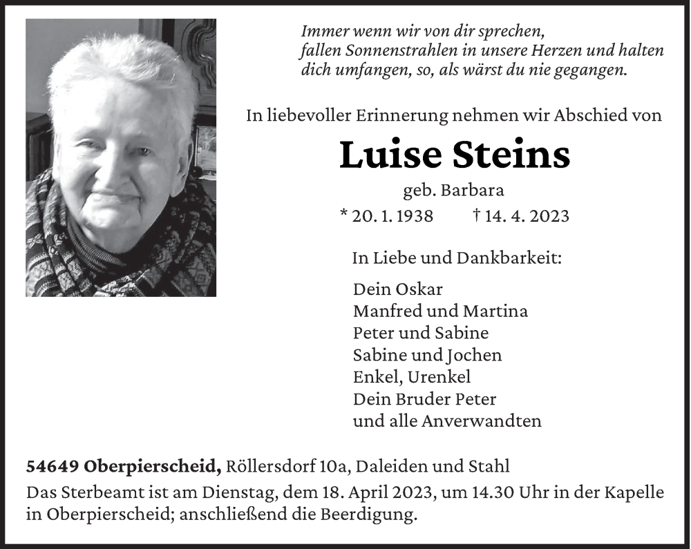  Traueranzeige für Luise Steins vom 17.04.2023 aus trierischer_volksfreund