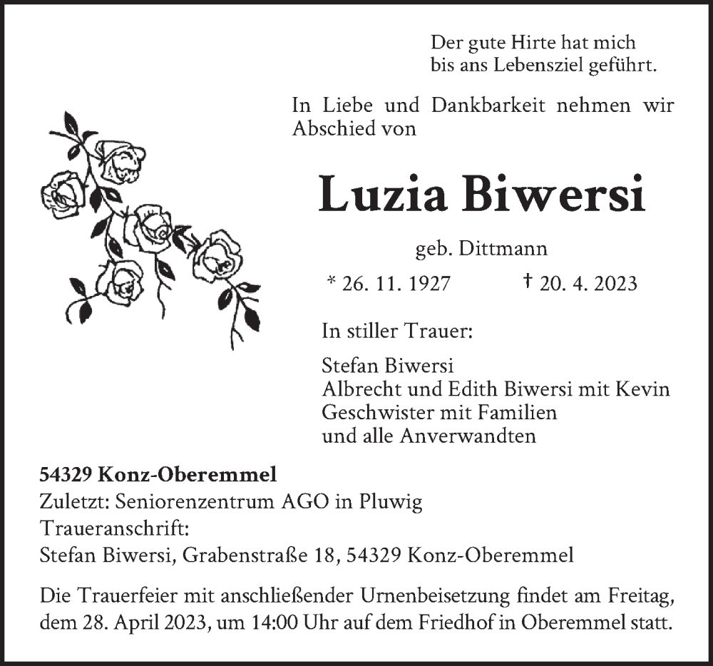  Traueranzeige für Luzia Biwersi vom 25.04.2023 aus trierischer_volksfreund