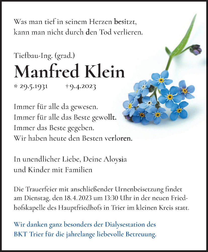  Traueranzeige für Manfred Klein vom 14.04.2023 aus trierischer_volksfreund