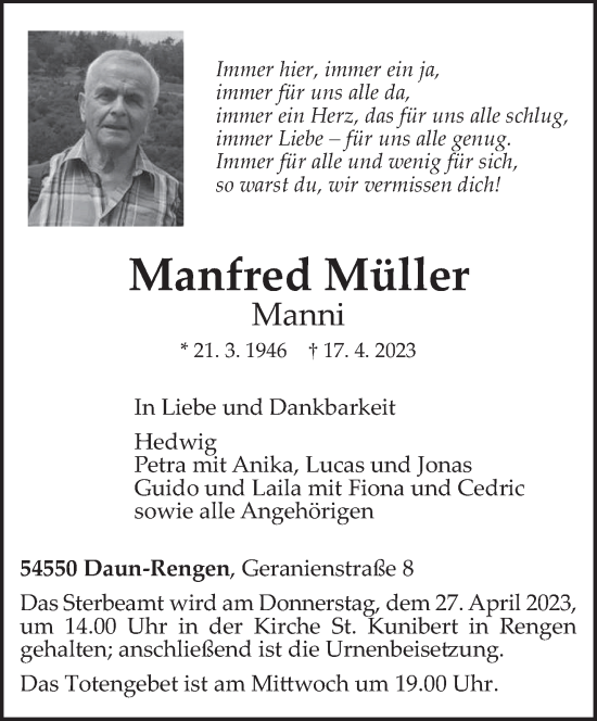 Traueranzeige von Manfred Müller von trierischer_volksfreund