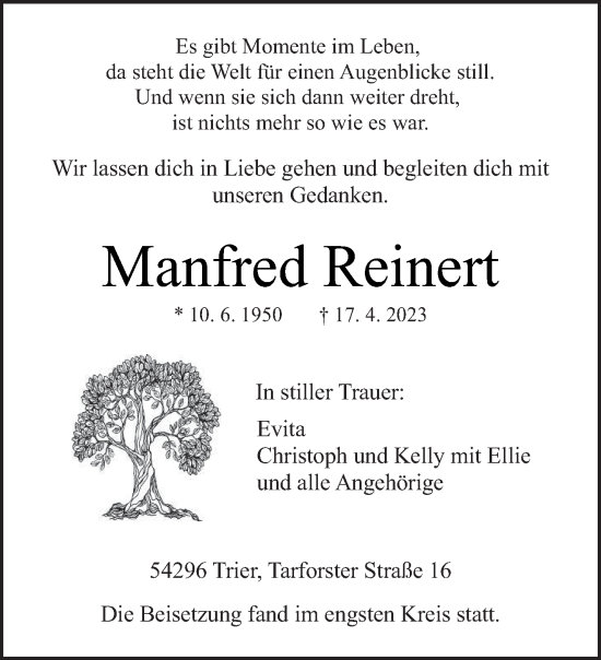 Traueranzeige von Manfred Reinert von trierischer_volksfreund