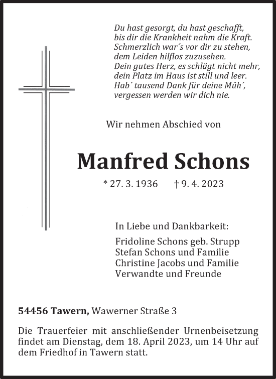 Traueranzeige von Manfred Schons von trierischer_volksfreund