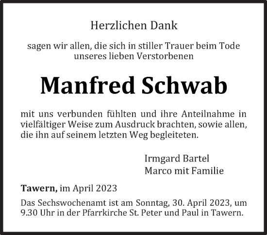 Traueranzeige von Manfred Schwab von trierischer_volksfreund