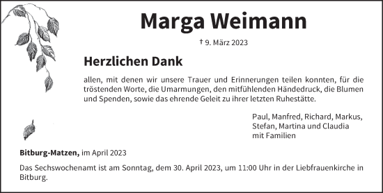 Traueranzeige von Marga Weimann von trierischer_volksfreund