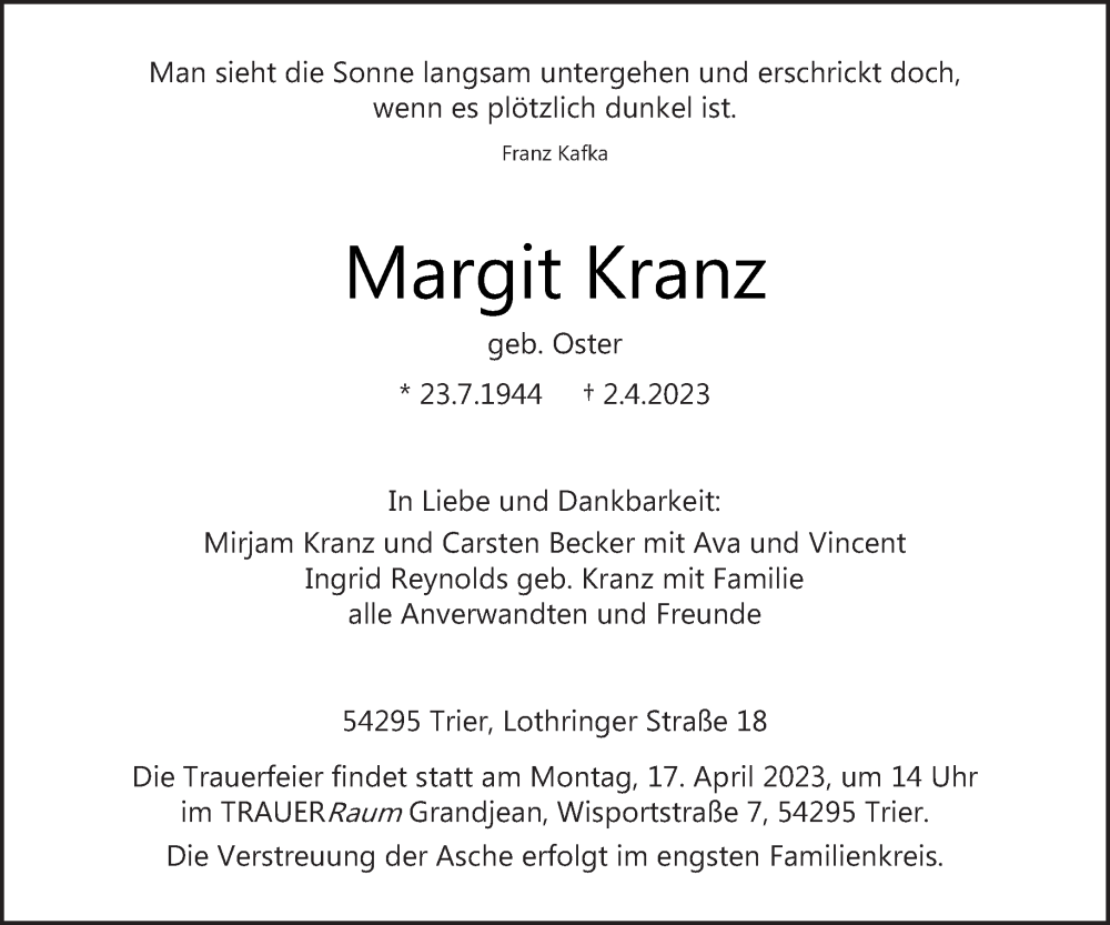  Traueranzeige für Margit Kranz vom 08.04.2023 aus trierischer_volksfreund
