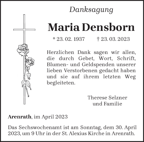 Traueranzeige von Maria Densborn von trierischer_volksfreund