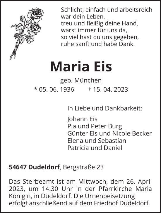 Traueranzeige von Maria Eis von trierischer_volksfreund