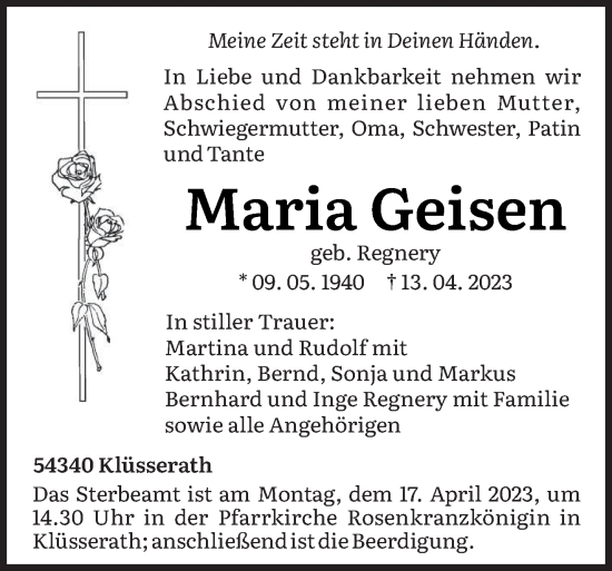 Traueranzeige von Maria Geisen von trierischer_volksfreund