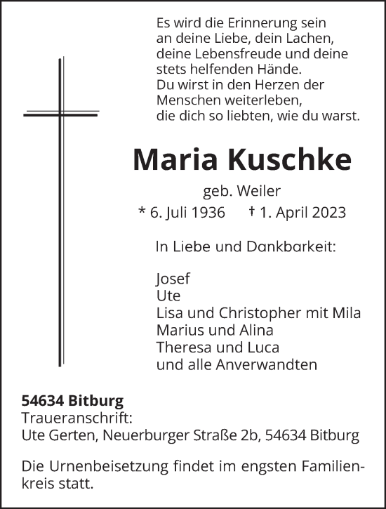 Traueranzeige von Maria Kuschke von trierischer_volksfreund