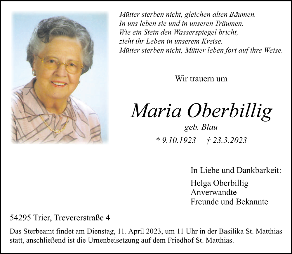  Traueranzeige für Maria Oberbillig vom 05.04.2023 aus trierischer_volksfreund