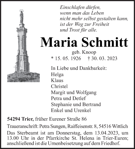 Traueranzeige von Maria Schmitt von trierischer_volksfreund