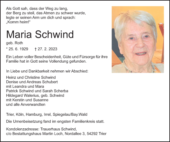 Traueranzeige von Maria Schwind von trierischer_volksfreund