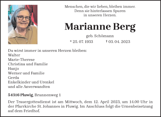 Traueranzeige von Marianne Berg von trierischer_volksfreund