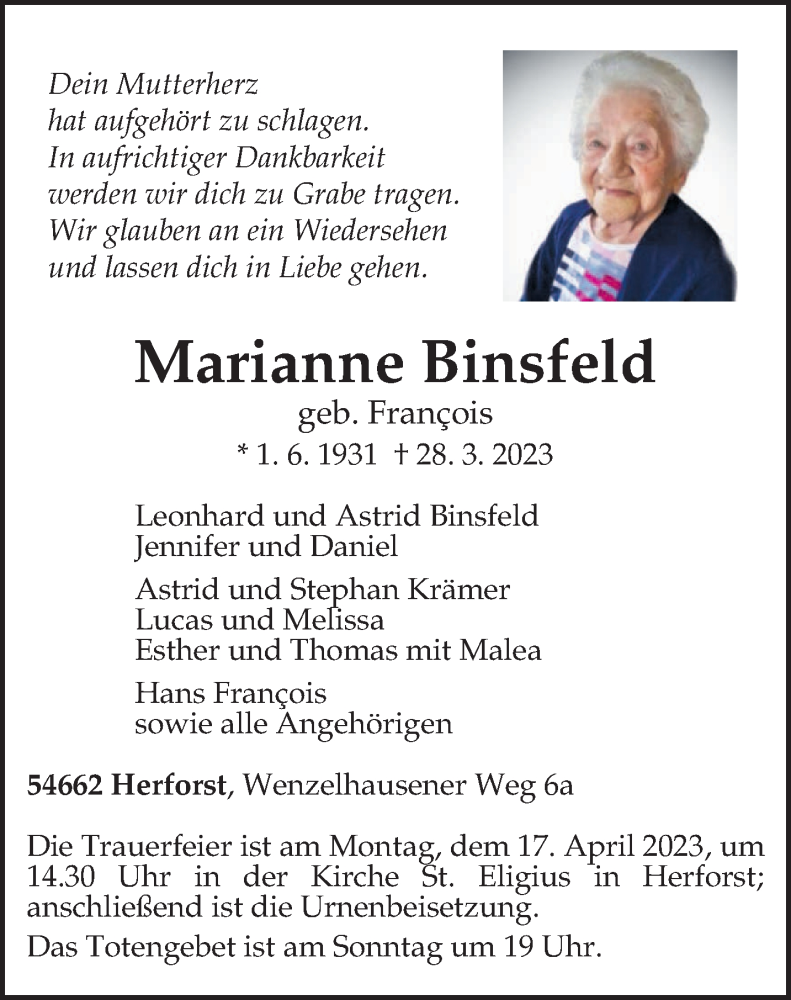  Traueranzeige für Marianne Binsfeld vom 12.04.2023 aus trierischer_volksfreund