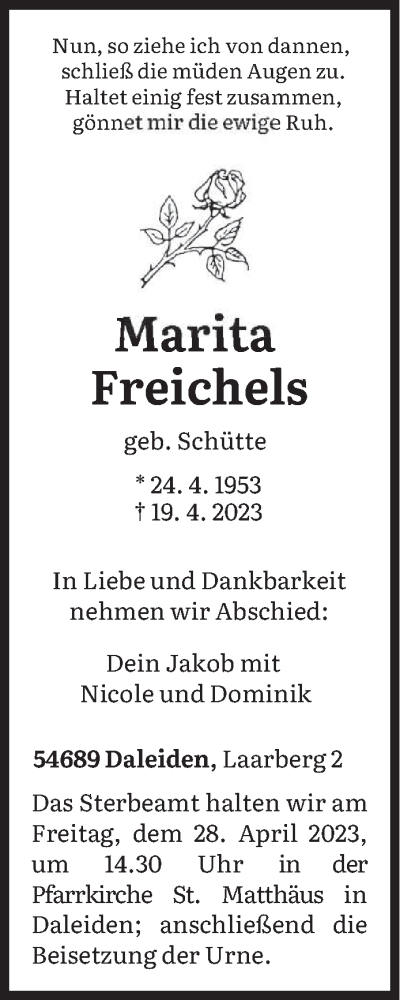  Traueranzeige für Marita Freichels vom 24.04.2023 aus trierischer_volksfreund