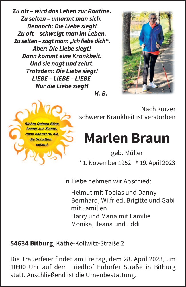  Traueranzeige für Marlen Braun vom 25.04.2023 aus trierischer_volksfreund