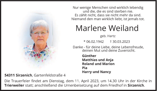 Traueranzeige von Marlene Weiland von trierischer_volksfreund