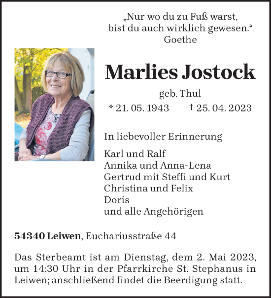 Traueranzeige von Marlies Jostock von trierischer_volksfreund