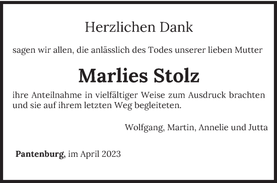 Traueranzeige von Marlies Stolz von trierischer_volksfreund