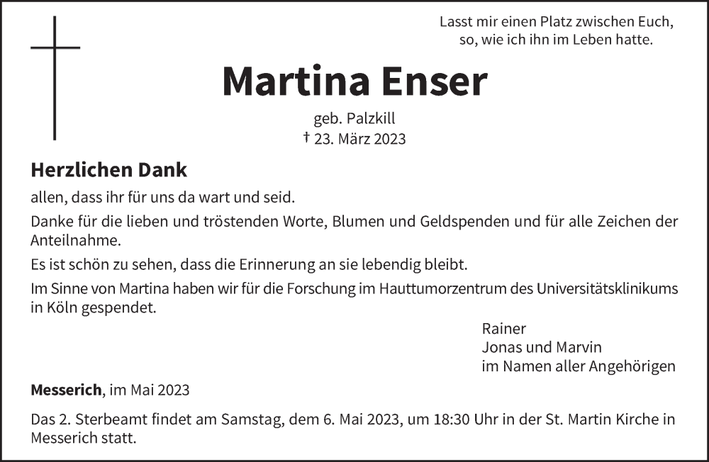  Traueranzeige für Martina Enser vom 29.04.2023 aus trierischer_volksfreund
