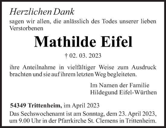 Traueranzeige von Mathilde Eifel von trierischer_volksfreund