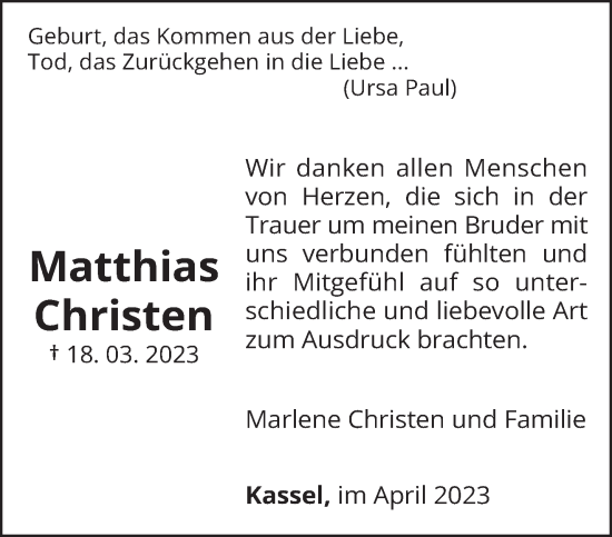 Traueranzeige von Matthias Christen von trierischer_volksfreund