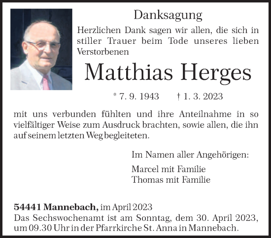 Traueranzeige von Matthias Herges von trierischer_volksfreund
