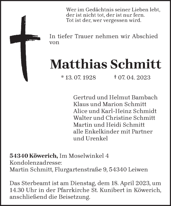 Traueranzeige von Matthias Schmitt von trierischer_volksfreund