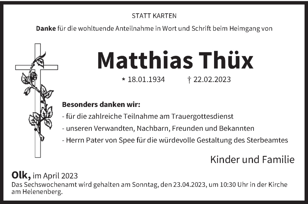  Traueranzeige für Matthias Thüx vom 08.04.2023 aus trierischer_volksfreund