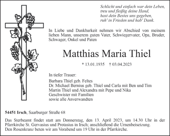 Traueranzeige von Matthias Maria Thiel von trierischer_volksfreund