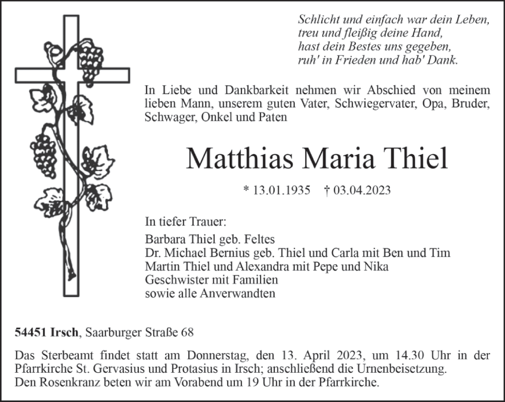  Traueranzeige für Matthias Maria Thiel vom 08.04.2023 aus trierischer_volksfreund