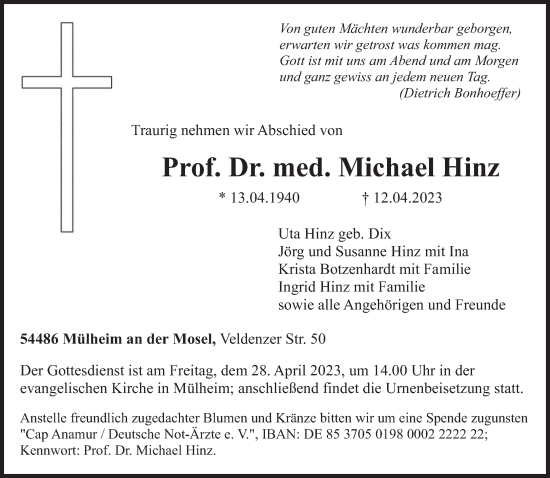 Traueranzeige von Michael Hinz von trierischer_volksfreund