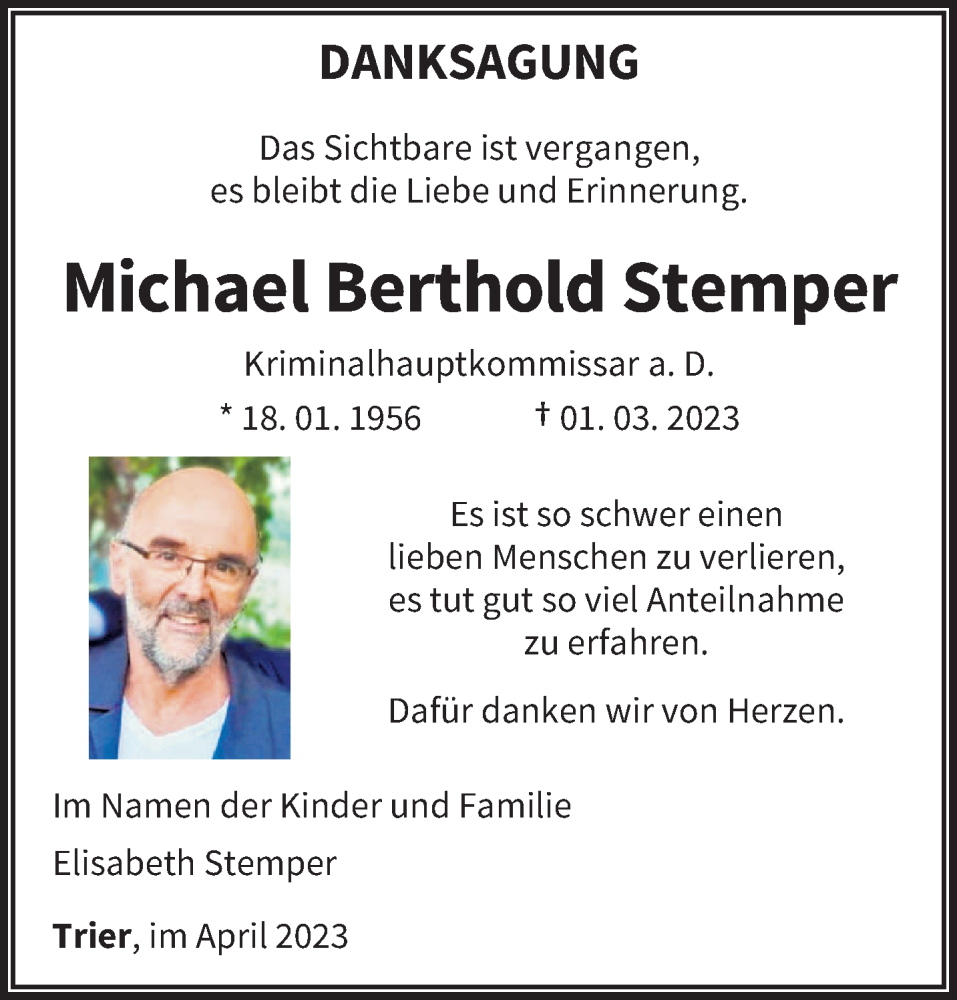  Traueranzeige für Michael Berthold Stemper vom 26.04.2023 aus trierischer_volksfreund