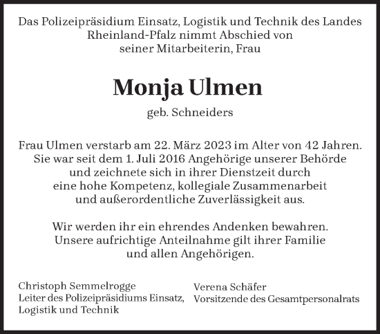 Traueranzeige von Monja Ulmen von trierischer_volksfreund