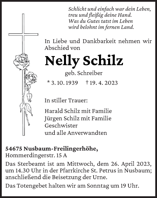 Traueranzeige von Nelly Schilz von trierischer_volksfreund
