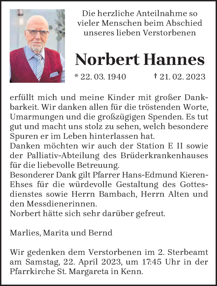  Traueranzeige für Norbert Hannes vom 15.04.2023 aus trierischer_volksfreund