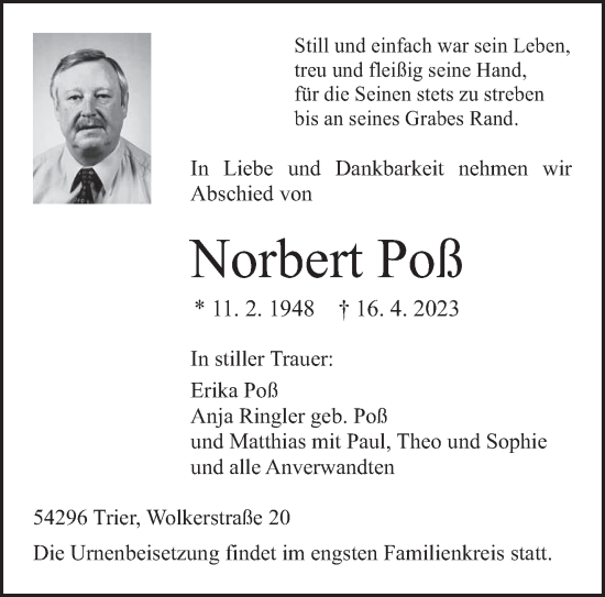Traueranzeige von Norbert Poß von trierischer_volksfreund
