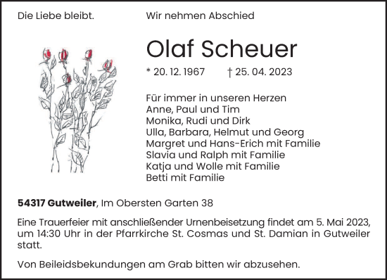 Traueranzeige von Olaf Scheuer von trierischer_volksfreund