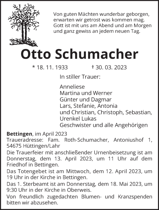 Traueranzeige von Otto Schumacher von trierischer_volksfreund