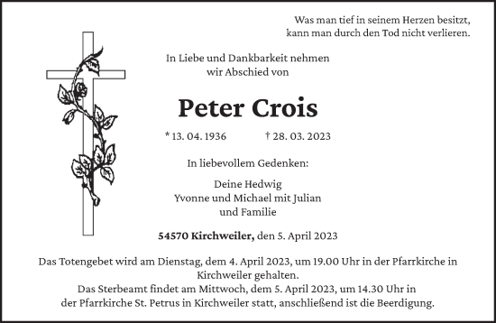 Traueranzeige von Peter Crois von trierischer_volksfreund
