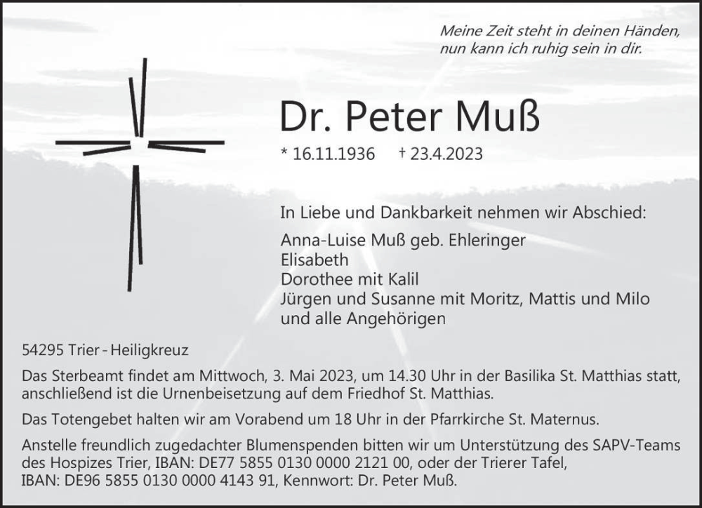 Traueranzeige für Peter Muß vom 29.04.2023 aus trierischer_volksfreund