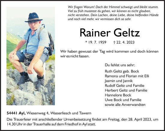 Traueranzeige von Rainer Geltz von trierischer_volksfreund