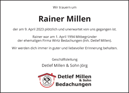 Traueranzeige von Rainer Millen von trierischer_volksfreund