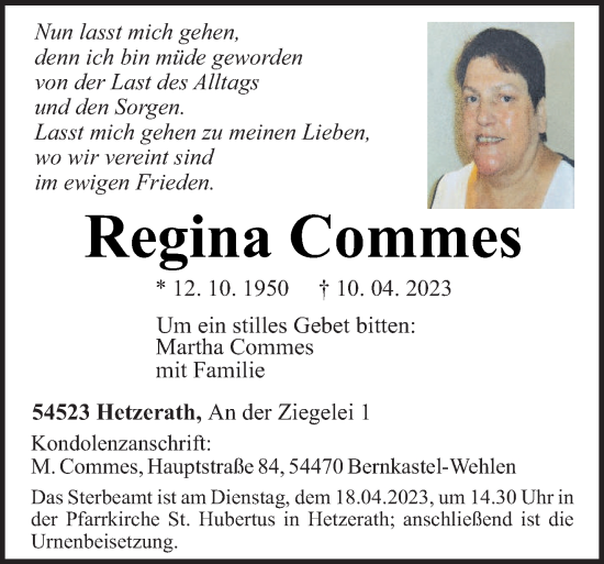Traueranzeige von Regina Commes von trierischer_volksfreund