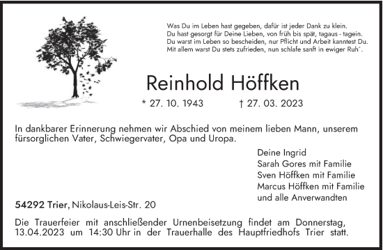 Traueranzeige von Reinhold Höffken von trierischer_volksfreund