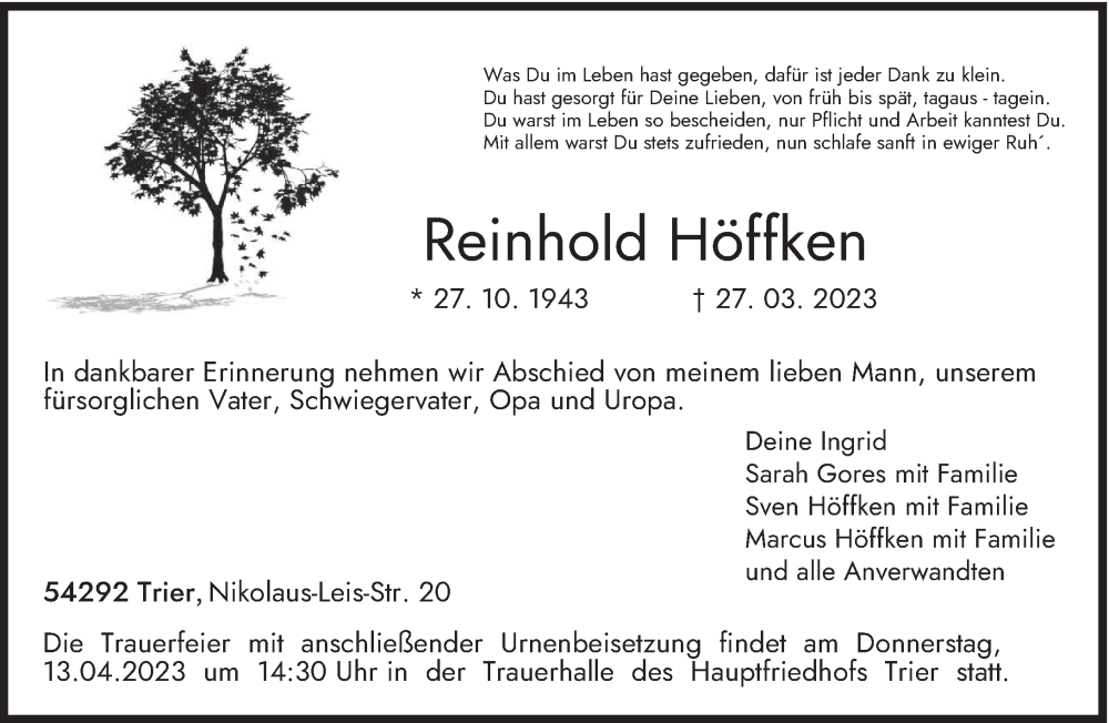 Traueranzeige für Reinhold Höffken vom 06.04.2023 aus trierischer_volksfreund