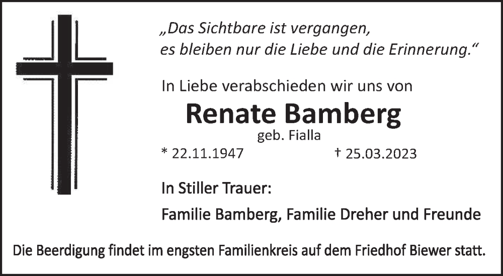  Traueranzeige für Renate Bamberg vom 01.04.2023 aus trierischer_volksfreund